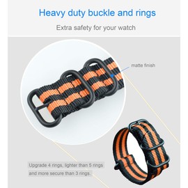 MZBUTIQ 22 mm Black/Orange Nylon Watch Strap Replacement Band for Men Military Matt Black Buckle 4 Rings