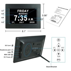 Hiseeyo-7 Inches Preeminent Calendar Alarm Clock, Dementia Impaired Vision Clocks for Memory Loss Seniors, Silent No Ticking, Large Display, with Humidity&Temperature(HS-CA-HI-7-BLACK)
