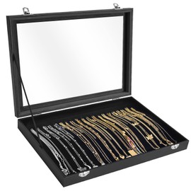 Siveit Premium Necklace Organizer Box - 20 Hooks Jewelry Tray with Transparent Lid - Display Box for Necklaces, Pendants - Suitable for Women and Girls (Black)