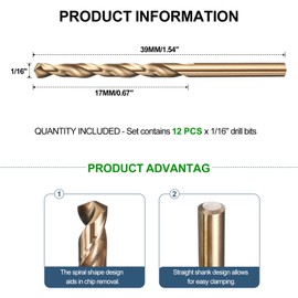 METALLIXITY Drill Bit (1/16") 12Pcs, 4241 High-Speed Steel Straight Shank Gold Finish 135° for Wood Plastic Iron Copper Aluminum Low Soft Metal