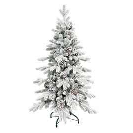 5 FT Snow Flocked Slim Fir Christmas Tree with 671 PE & PVC Mixed Branch Tips,Unlit Artificial Skinny Pencil Xmas Tree with 25 Pine Cones,Hinged Premium Xmas Trees for Home,Office,Party Decoration
