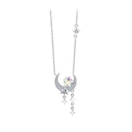 S925 Sterling Silver Moon Star Necklace Dainty Star and Moon Pendant Necklace Moonstone Zirconia Moon Jewelry Birthday Gifts for Women(Silver moon)