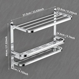 CAXIMSY 22.8Inch Towel Rack for Bathroom and Lavatory Towel Hanger with Wall Mount Towel Bars 304 Stainless Steel No Drill (Collapsible Towel Rack with Bathroom Organize Shower Shelves)
