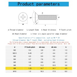 M8-1.25 x 45mm Flat Countersunk Head Machine Screws, Phillips Drive, Cross Screw，304 Stainless Steel,A2-70,GB819,Full Thread,Fasteners Bolts 10 PCS