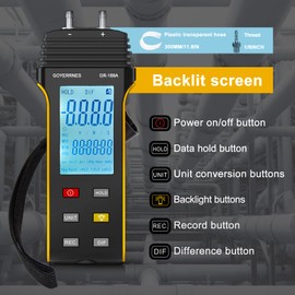 Differential Pressure Gauge Pressure Gauge GR-189A Dual Port Pressure Gauge Gas Pressure Gauge 11 Selectable Units Professional Air Pressure Gauge with Backlight Professional Air Pressure Gauge