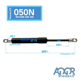RhedexX® Gas Spring Eye Mount 685 mm/300 mm/50N - Gas Spring with M6 Joint Eye Thread - Length 685 mm Stroke 300 mm Force 50N (685/300/50N)