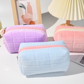 SOIDRAM Makeup Bag Plush Cosmetic Bag Cute Aesthetic Makeup Bag Blue Makeup Pouch Travel Toiletry Bag Organizer Soft Makeup Brushes Accessories Storage Bag for Women