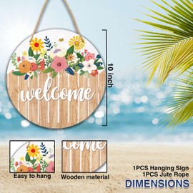 YQV Welcome Front Door Sign, Spring Summer Flower Wooden Hanging Sign, Floral Farmhouse Front Door Hanger, Round Indoor Outdoor Home Porch Window Decor(10"x10")-B08