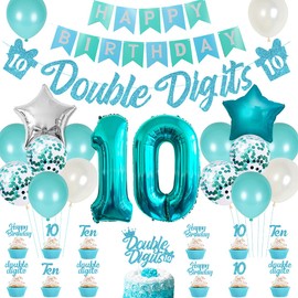 10th Birthday Decorations for Girls Teal, Double Digits Party Supplies Turquoise Banner Cake & Cupcake Toppers Number 10 Helium Balloon Star Foil Balloon for 10 Year Old Girl Party Decorations