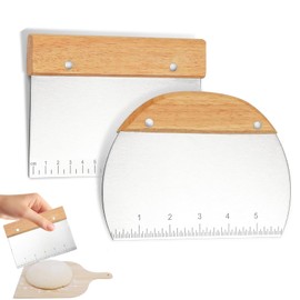Dough Scraper, Stainless Steel, Pack of 2 Dough Scrapers with Wooden Handle, Food Grade Dough Cutter, Kitchen Spatula, Pastry Scraper for DIY Bread Cutting Pizza