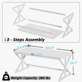 IBF Modern White Computer Desk, Industrial Long Home Office Desk for Student, Large Metal Wood Writing Study Work Desks, Farmhouse Executive Gaming Computer Table for Bedroom Living Room, White, 60 In