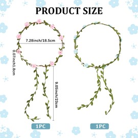 CRASPIRE 2Pcs Flower Garland Headpiece Floral Crown Headbands 2 Colors Blue Pink Polyester Rose Green Leaf Boho Wreath Hairband Accessories for Women Wedding Festival Holiday Fairy Party Hair Decor