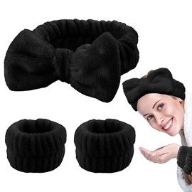 JFAN Headband and Bracelet Set Spa Bowknot Hair Bands Elastic Spa Hair Band for Yoga Exercises Makeup Bath (Black, One Size)