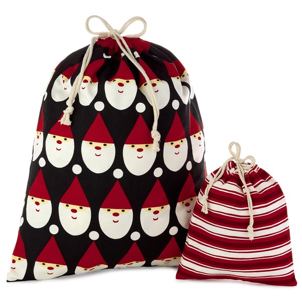 Hallmark Drawstring Christmas Gift Bag Set (2 Fabric Bags with Drawstrings; 1 Medium 10", 1 Extra Large 20") Santa, Red and White Stripe, 5XGB4902