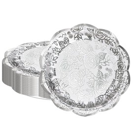 LeZakaa 25Pcs Wedding Paper Plates - Vintage Silver Flower Design Silver Foil Retro Disposable Party Plates Decorative Tableware Supplies for Wedding, Engagement, Bridal Shower, Christmas - 7 Inch