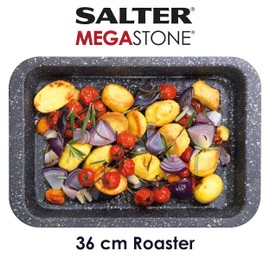 Salter BW07032EU7 Megastone 36 cm Roasting Tray – Non-Stick Rectangular Roasting Pan, Carbon Steel Roaster for Meat Joints & Vegetables, Deep Baking Tray, PFOA-Free Oven Dish, Easy to Clean, Silver