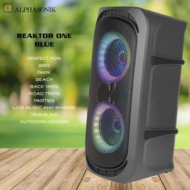 Alphasonik Reaktor One Battery Powered Portable Party Speaker Box Alpha Bass Bluetooth Mic and Guitar Inputs Phone Charger USB Player AUX App Control…