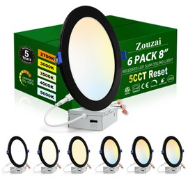 zouzai 8 Inch Black 18W Eqv 150W 1685LM 5CCT Ultra-Thin LED Recessed Ceiling Light with Junction Box 2700K/3000K/3500K/4000K/5000K Selectable, Dimmable ETL and Energy Star Certified【6 Pack 】