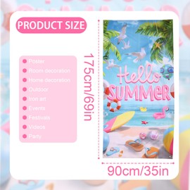 Lyreh Hello Summer Door Banner, 69x35in Hello Summer Door Backdrop Beach Pool Party Decorations for Holiday Tropical Seaside Supplies Indoor Outdoor Photo Booth Props