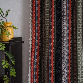 VOGOL Linen Textured Boho Curtains, Colorful Striped Print Light Filtering Drapes for Living Room, Rod Pocket Solid Window Treatment with Tassels, W52 x L63, 1 Panel