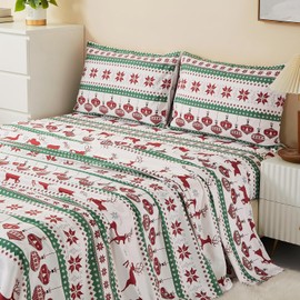 Vaulia Soft Microfiber Sheets, Print Christmas Holidays Pattern, 4-Piece Set (1 Fitted Sheet 1 Flat Sheet 2 Pillowcases) Green/Red Reindeer, Queen