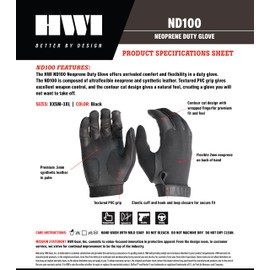 HWI Gear ND100 Neoprene Patrol Duty Glove, Contour Cut Design, Extreme Tactility, Flexible, Comfortable, Durable for Tactical Operations, Driving, Multiple Activities Black, XS