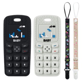 Aolso Baby Teether Toys, 2PCS Silicone Baby Teething Toys Phone Shape with 2PCS Pacifier Clip, Soft Teething Toys for Toddlers,Boys Girls Baby Chew Toys,Teethers for Babies 0-6 Months（Beige & Black）