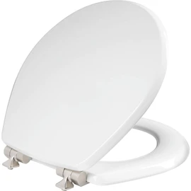 Mayfair Bennett Toilet Seat with Brushed Nickel Hinges, Slow Close Wood Seat, Secure Metal Hinges, Easy Install, Made in USA, Round, White