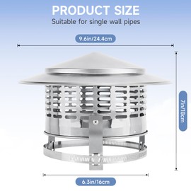 KOMCLUB 6 Inch Cone Top Chimney Cap,Round Chimney Cap Chimney Cover Cap Stainless Steel Chimney Cover Outside Roof Silver Fireplace Screen Cover Exterior Stove Pipe Topper Adjustable Roof Cap for Vent