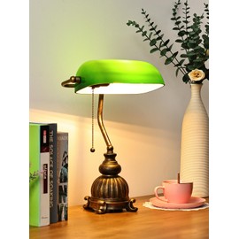 Newrays Retro Green Glass Bankers Desk Lamp for Home Office,Library with Pull Chain Switch Plug in Fixture, LED Bulb Included