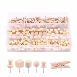 Pack of 135 Push Pins Wood, Natural Wood Push Pins with Storage Box, 6 Styles, Push Pins, Clips and Tacks, Thumbtacks for Cork Board, Map, Photos, Crafts