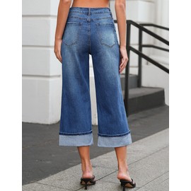 Vetinee Capris Jeans for Women Wide Leg High Waisted Trendy Fold Hem Summer Casual Stretchy Denim Jean Capri Pants High Rise Jeans Cute Classic Blue Small Fits Size 4 - Size 6