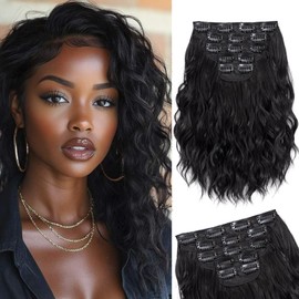 WOKAA Curly Clip in Hair Extensions 10 Inches Natural Black 5Pcs Short Wavy Synthetic Hair Extension Clip ins Thick Hair Extensions for Women 1B