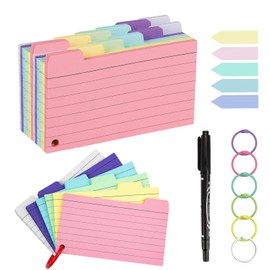 Pack of 300 Lined Index Cards, Flash Cards, Vocabulary Cards, Flashcards, Presentation Cards, Vocabulary Cards, Colourful with 6 Binder Rings for On the Go Learning, Notes, School, Office, Home, 127 x