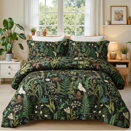 keensoft Queen Comforter Set - 3 Pieces Botanical Bedding Comforter Set, 1 Soft Green Plant Flowers Comforter (90"x90") and 2 Pillow Shams(20"x26") Ultra-Soft Comfort Suitable for All Seasons