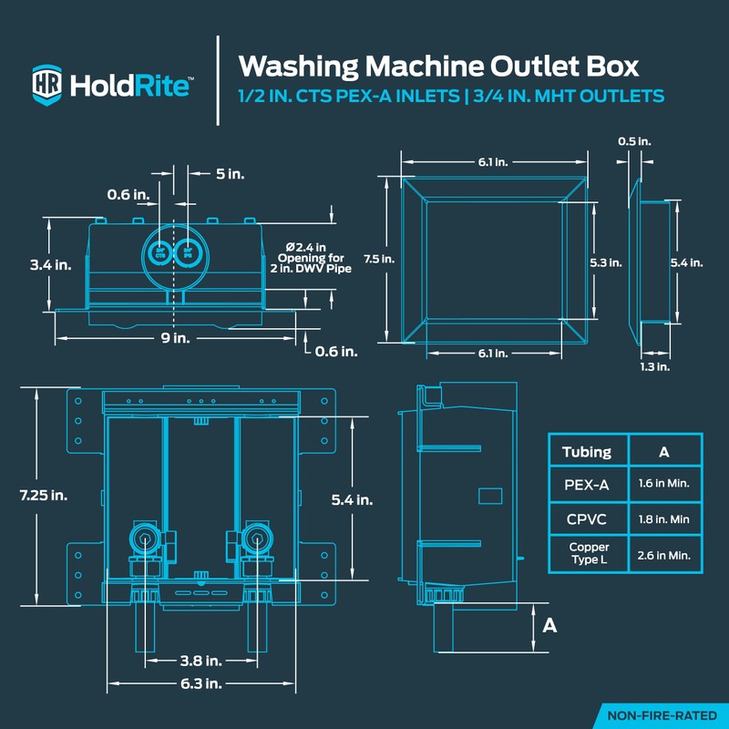 Holdrite 3/4 Inch MHT Washing Machine Outlet Box, Pre-Assembled, 1/2