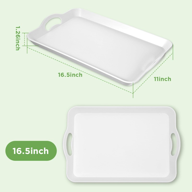 2 Pack Melamine Serving Trays with Handles, Large White Rectangular