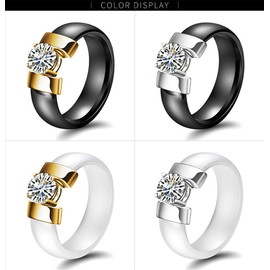 PAURO Women's Ceramic Jewelry High Polished with Zircon Engagement Wedding Band Ring Black Silver Size P