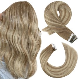 Moresoo Ombre Brown to Blonde Tape in Hair Extensions Light Brown to Medium Blonde Tape in Extensions Real Hair Straight 50g/20pcs 16 inch