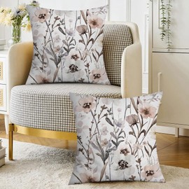 Set of 2 Linen Vintage Floral Throw Pillow Covers 18x18 Inch Ink Art Style Home Decorative Pillowcases for Sofa Couch Bedroom Living Room Outdoor Rustic Farmhouse Decor