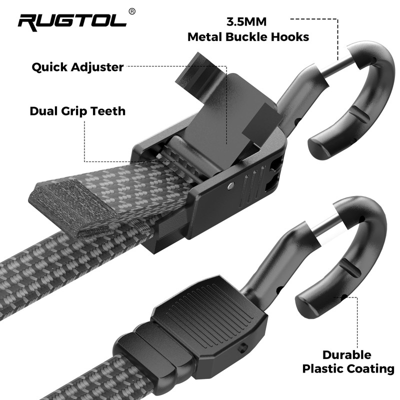 Rugtol Bungee Cords with Hooks, 48 Inch Adjustable Flat Bungee