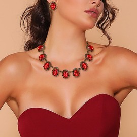 Clearine Victorian Style Statement Necklace Pierced Earrings Jewellery Set for Women Crystal Floral Cameo Inspired Oval Party Prom Jewelry Ruby Antique-Gold-Tone