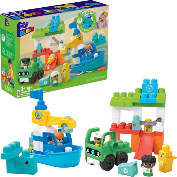 MEGA BLOKS Fisher Price Preschool Building Toys, Green Town Ocean Time Clean Up with 70 Toddler Blocks, 3 Figures, Kids Age 1+ Years, ISCC-certified plastics