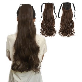 Royalfirst Ponytail Hair Extensions for Women Girls 22 Inch Long Curly Wavy Natural Looking Wrap Around Clip in Pony Tails Synthetic Hairpieces (8#)
