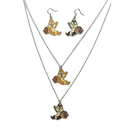 Dale and Chip Chipmunk Characters With Acorn Charm Pendant 2 Necklaces And Earrings Set