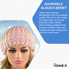 Home-X Chenille Beret, Knitted Winter Hat, Beret for Women and Girls, Crochet Hat, Cold-Weather Gear, Headwear for Winter, One Size Fits Most, 11" Dia., Pink