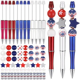 Geyee 12 Set American Flag Beadable Pens Independence Day Bead Pens 4th of July Wood Beads Set Patriotic Plastic Bead Pen Kit DIY Star Stripes Ballpoint Pen for Veterans Gifts School Office(Novel)