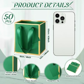 Yeaqee 50 Pcs Mini Gift Bags Tiny Small Metallic Foil Paper Gift Bag with Handle 4x2.75x4.5'' Gift Bag with Tag for Wedding Graduation Baby Shower(Dark Green,gold)