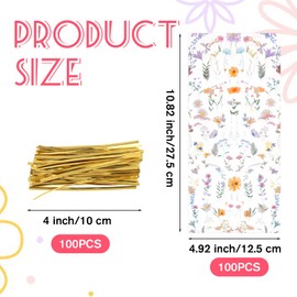 100Pcs Treat Bag Floral 10x5 in Wildflower Party Cookies Treat Bags Plastic Clear Goodie Gift Bags Floral Treatbags with Ties Cookies Goodie Bag Candy Gift Wrapping for Summer Holiday Tea Party Favors