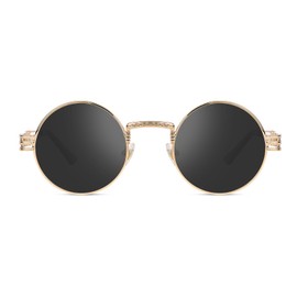 Yvey Essence Vintage Round Steampunk Sunglasses for Women Men Circle Lennon Hippie Style Glasses Metal Frame (Gold Frame/Gray Lens)